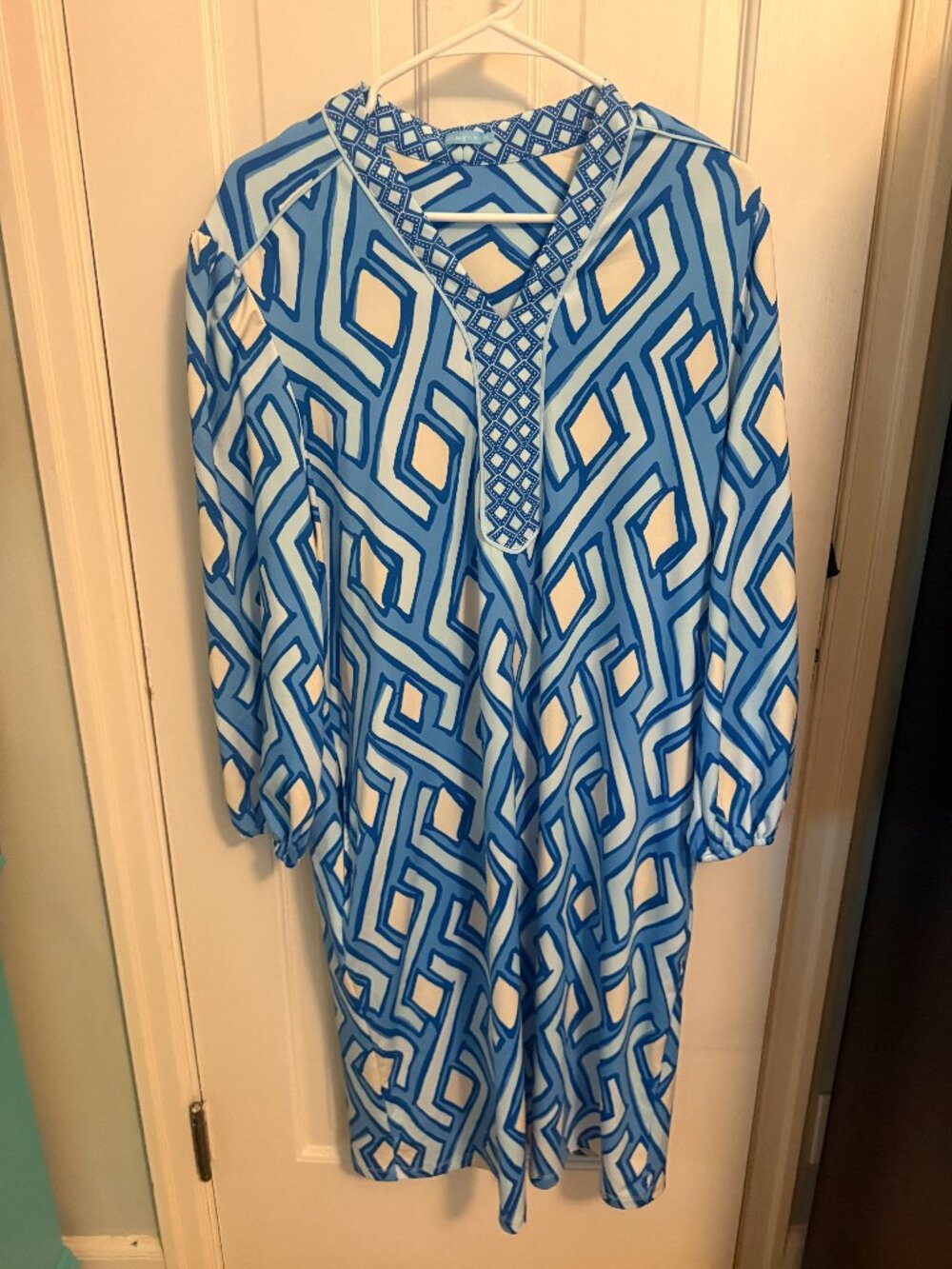 J. McLaughlin Emer Dress XL Vilhada Souk Geo Print Blue White Jersey Pocket